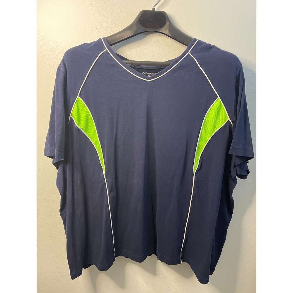 Catherines Womens 3X Navy Blue Lime Green Mesh V-Neck Activewear T-Shirt RN99249